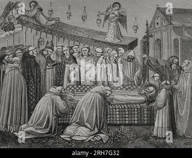 Benoît de Nursie (480-547). Moine chrétien italien. Fondateur de l'ordre bénédictin. Benoît meurt entouré de ses disciples le 21 mars 547, dans l'abbaye de Montecasino. Funérailles de Saint Benoît. Gravure de Huyot d'après une fresque de Spinello Aretino dans l'église de San Miniato al Monte, Florence, Italie, 1388. « Vie militaire et religieuse au Moyen Age et à l'époque de la Renaissance ». Paris, 1877. Banque D'Images