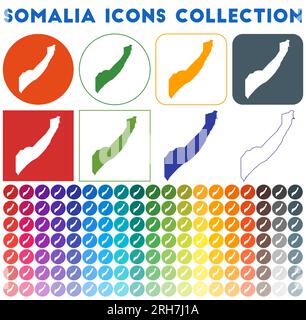 Collection d'icônes de Somalie. Icônes de cartes tendance colorées et lumineuses. Badge moderne de Somalie avec carte du pays. Illustration vectorielle. Illustration de Vecteur