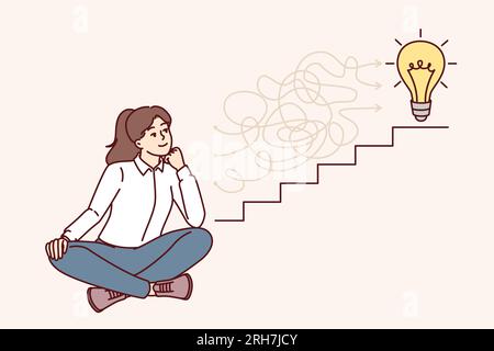 Femme d'affaires ambitieuse vient avec des moyens et des idées pour résoudre des problèmes assis près des escaliers avec ampoule. Ambitieuse fille rêve de grimper l'échelle de carrière et de réussir en entreprise. Illustration de Vecteur