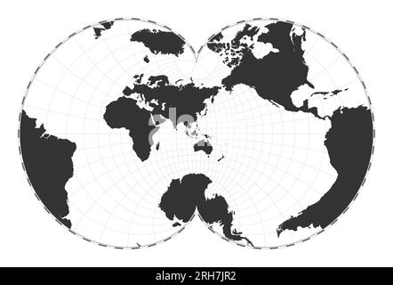 Carte du monde vectorielle. Projection conforme d'Eisenlohr. Carte géographique du monde simple avec des lignes de latitude et de longitude. Centré sur une longitude de 120 degrés W. Vect Illustration de Vecteur