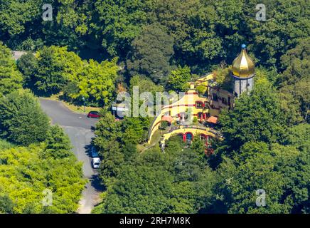 Vue aérienne, Ronald McDonald House Hundertwasserhaus in Grugapark, Rüttenscheid, Essen, région de la Ruhr, Rhénanie du Nord-Westphalie, Allemagne Banque D'Images