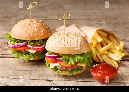 Deux hamburgers, frites et sauces sur un fond de bois rustique. Restauration rapide, hamburgers faits maison Banque D'Images