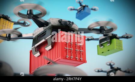 Des drones transportant des conteneurs de fret. 3D illustration. Banque D'Images