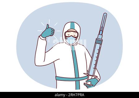 Médecin confiant dans l'uniforme de protection tenant l'injection montrant le pouce vers le haut. Un professionnel de santé heureux avec une seringue prête pour la vaccination des personnes. Médecine, soins de santé. Illustration vectorielle. Illustration de Vecteur