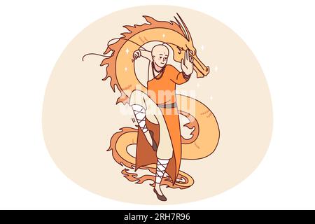 Moine tibétain avec peinture de dragon en arrière-plan. L'homme asiatique en vêtements traditionnels fait des mouvements religieux spirituels. Religion et culture. Illustration vectorielle. Illustration de Vecteur