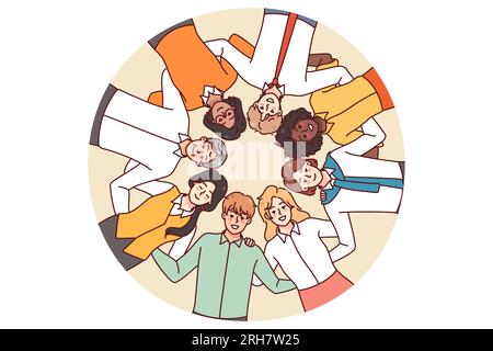 Vue de dessous de personnes multiraciales diverses se tiennent dans un cercle embrassant montrant l'unité et le soutien. Les hommes et les femmes multiethniques adoptent des valeurs communes. Illustration vectorielle. Illustration de Vecteur