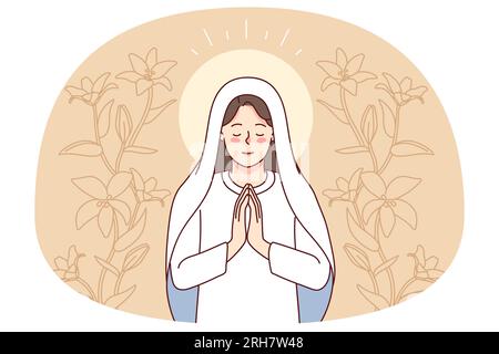 La Vierge Marie est entourée de lys priant. Mère de Jésus Christ dans la prière. Foi et religion. Illustration vectorielle. Illustration de Vecteur