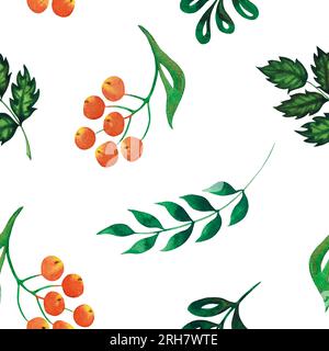 Aquarelle abstraite herbes motif sans couture avec baie d'orange rowanberry. Illustration dessinée à la main isolée sur blanc pour papier d'emballage, nappe Banque D'Images