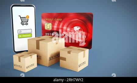 Smartphone, boîtes de fret et de cartes de crédit isolé sur fond blanc. 3D illustration. Banque D'Images