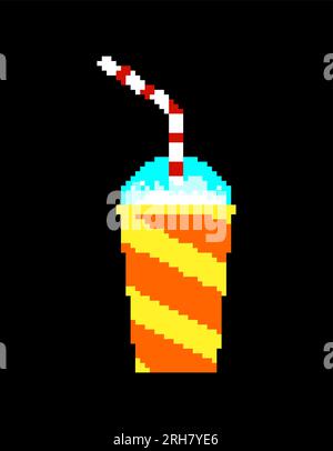 Slurpee Soda en verre avec paille isolé pixel art 8 bit. Illustration de Vecteur