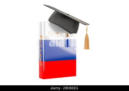 Manuel de langue russe avec chapeau de graduation. Apprendre la langue russe, cours. Rendu 3D isolé sur fond blanc Banque D'Images