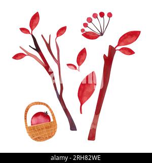 Ensemble d'objets d'automne aquarelle : feuilles, branches, champignons, baies. Illustration isolée. Clipart. Illustration raster pour l'emballage, salutation ca Banque D'Images