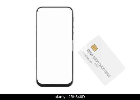 Carte plastique pour les paiements en ligne. Écran vide du smartphone. Paiements en ligne. Concept de paiement mobile. Maquette de carte bancaire avec puce et smartphone. Smartph Banque D'Images