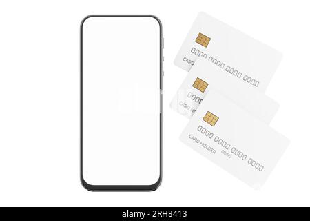 Carte plastique pour les paiements en ligne. Écran vide du smartphone. Paiements en ligne. Concept de paiement mobile. Maquette de carte bancaire avec puce et smartphone. Smartph Banque D'Images