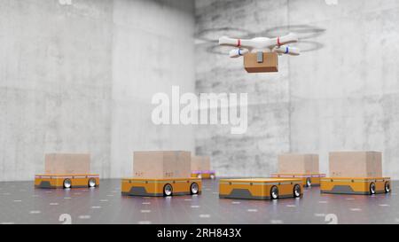 Technologies du futur concept 3D. Robots AGV, UAV livrant des boîtes en carton à un centre logistique de distribution. Robots AGV automatisés pour un reta Banque D'Images
