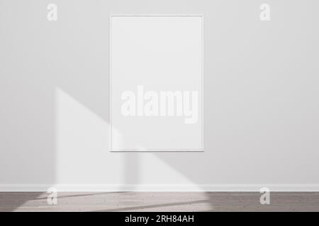 Cadre blanc en bois blanc réaliste sur un mur blanc et plancher en bois. Modèle de conception pour la mise en page. Rendu 3D. Banque D'Images