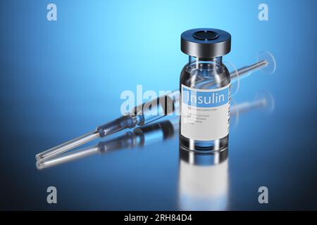 Les flacons semblent être faits de verre et sont étiquetés avec le nom de l'insuline qu'ils contiennent.Une seringue présente sur la table, qui peut être utilisé pour ex Banque D'Images