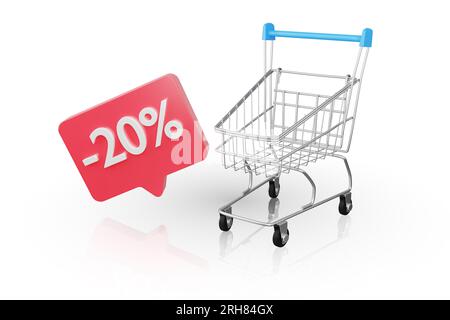 vingt pour cent de réduction. Icône de rabais sur les chariots d'épicerie. Promotion avec une vente dans le magasin. Publicité de vente. Bannière publicitaire. - 20% de réduction Banque D'Images