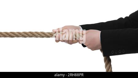 Concept de litige. Homme tirant la corde sur fond blanc, gros plan Banque D'Images