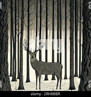 Livre de récits en noir et blanc Illustration d'un cerf de Buck debout dans les bois de bouleau dans la neige d'hiver. Vector Art.. Storybook, Fantasy, Cartoon style. Illustration de Vecteur