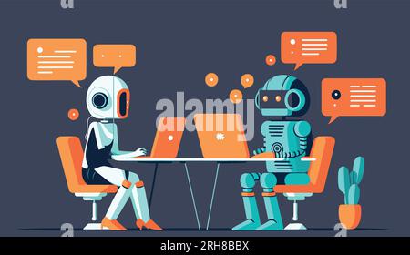 Chatbot ai et concept de service à la clientèle. Chat Bots travailler ensemble avec les gens. Robots utilisant des ordinateurs portables. L'intelligence artificielle au bureau. Vecteur. Illustration de Vecteur
