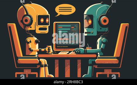 Chatbot ai et concept de service à la clientèle. Chat Bots / robots travailler avec les gens. Vector Art.. Intelligence artificielle au bureau et sur le lieu de travail. Illustration de Vecteur