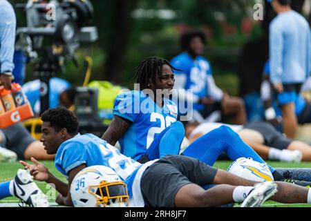 Los Angeles Chargers corner back Asante Samuel Jr. s'étire pendant le camp d'entraînement au Jack Hammett Sports Complex, lundi 14 août 2023, à Costa Mesa, calif. (Louis Chen/image du sport) Banque D'Images