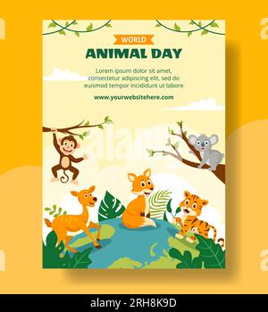 Journée mondiale des animaux Poster vertical plat Cartoon dessinés à la main modèles Illustration de fond Illustration de Vecteur