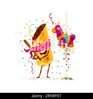 Mexicain tex mex chimichanga caractère sur la fête de vacances. Personnage de nourriture vectorielle isolé frappant un âne de pinata festif avec un admiste de chauve-souris tombant des confettis colorés pendant l'anniversaire ou la célébration de carnaval Illustration de Vecteur