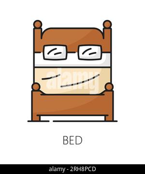 Icône de meubles de lit, intérieur de la maison et installation de la chambre à coucher, symbole de ligne vectorielle. Canapé maison ou chambre d'hôtel lit double de bois dans l'icône de contour, salon salon ou pictogramme de meubles de maison Illustration de Vecteur