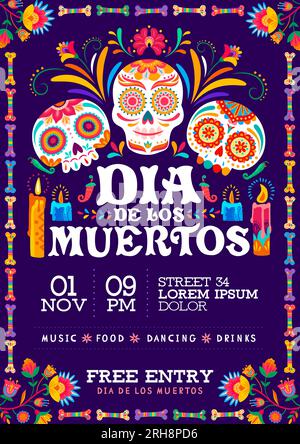 Flyer de fête dia de los muertos. Jour de la fête mexicaine morte. Carte d'invitation vectorielle avec des crânes de sucre calavera, des fleurs tropicales alebrije, des os, des bougies allumées. Affiche d'invitation pour la célébration de l'événement Illustration de Vecteur