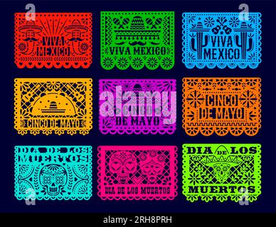 Papel picado mexican dia de los muertos drapeaux de vacances, jour des bannières découpées en papier mort. Modèles de découpe laser vectorielle isolés, décoration traditionnelle du Mexique avec motif floral, crânes, poivrons Illustration de Vecteur