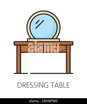 Coiffeuse, icône de meuble pour l'élément de conception d'intérieur ou de pièce de la maison, symbole de ligne vectorielle. Table de commode en bois avec miroir et tiroirs en icône de contour pour le pictogramme de meubles de salon ou de chambre à coucher Illustration de Vecteur