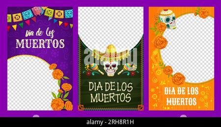 Modèles de médias sociaux dia de los muertos. Affiches du jour des morts avec cadres. Vector fonds vibrants, avec des calaveras colorées, des soucis, des guirlandes pour honorer et célébrer les proches défunts Illustration de Vecteur