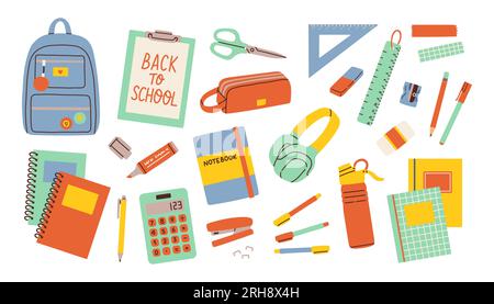 Ensemble de modèles d'autocollants mignons pour l'école et l'éducation. Paquet de manuels, fournitures de papeterie, objets. Éléments de scrapbooking. Illustration de Vecteur