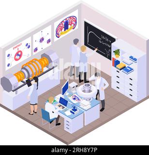 Composition isométrique de fission de fusion d'énergie nucléaire avec vue isolée de la salle de laboratoire avec groupe de scientifiques illustration vectorielle Illustration de Vecteur