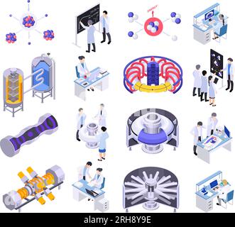 Ensemble isométrique de fission de fusion d'énergie nucléaire avec des icônes isolées de l'équipement de laboratoire d'atomes et l'illustration vectorielle de caractères de scientifiques Illustration de Vecteur