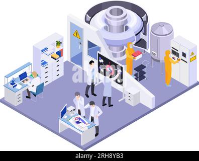 Composition isométrique de fission de fusion d'énergie nucléaire avec vue isolée de laboratoire avec des unités de machines et des scientifiques illustration vectorielle Illustration de Vecteur