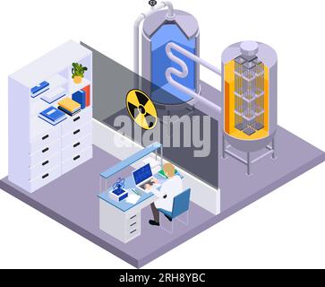 Composition isométrique de fission de fusion d'énergie nucléaire avec vue isolée du lieu de travail de laboratoire avec illustration vectorielle de cuves de réaction en chaîne Illustration de Vecteur