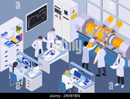 Composition isométrique de fission de fusion d'énergie nucléaire avec décor intérieur de laboratoire avec des ordinateurs et des personnages scientifiques illustration vectorielle Illustration de Vecteur