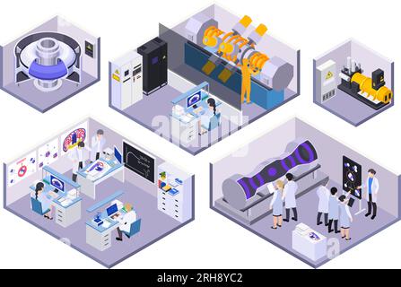 Fusion de l'énergie nucléaire ensemble isométrique de plates-formes isolées avec des machines de laboratoire et des caractères humains illustration vectorielle Illustration de Vecteur