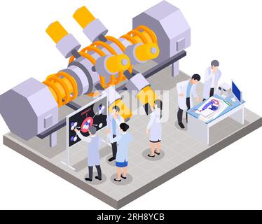 Composition isométrique de fission de fusion d'énergie nucléaire avec vue isolée de l'unité d'usine et groupe de scientifiques illustration vectorielle Illustration de Vecteur