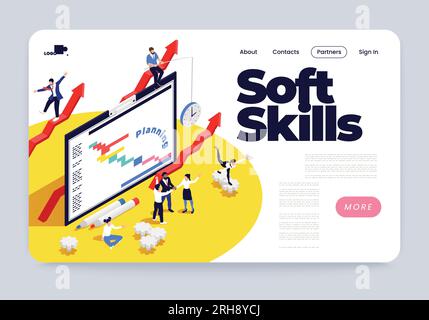 Bannière Web horizontale isométrique de compétences douces avec des personnes créant l'illustration vectorielle de plan stratégique Illustration de Vecteur