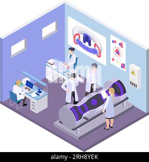 Composition isométrique de fission de fusion d'énergie nucléaire avec vue isolée de la salle avec des lieux de travail et des scientifiques personnages illustration vectorielle Illustration de Vecteur