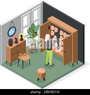 Femme choisissant des masques sociaux pour cacher la personnalité et les émotions réelles composition isométrique illustration vectorielle 3D. Illustration de Vecteur