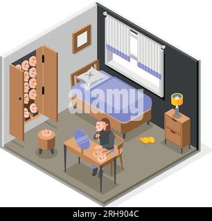 Femme dans sa chambre choisissant des masques sociaux pour cacher son visage et les émotions réelles illustration vectorielle isométrique de composition Illustration de Vecteur
