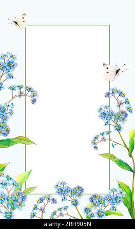 Champ Forget-Me-Not cadre rectangle aquarelle de fleurs délicates et de papillons dessinés à la main sur fond bleu clair. Fleurs sauvages de prairie pour Banque D'Images