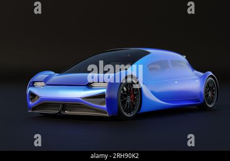 Voiture électrique bleue isolée sur fond noir. Conception générique, image de rendu 3D. Banque D'Images