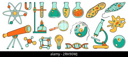 Ensemble d'école de sciences ou icônes d'éducation. Collection de dessins animés de laboratoire de chimie et de biologie. Microscope lumineux audacieux, atome de molécule, télescope, test Illustration de Vecteur