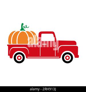 Citrouille d'Halloween sur camion pick up vintage rouge sur fond blanc. Illustration isolée. Banque D'Images